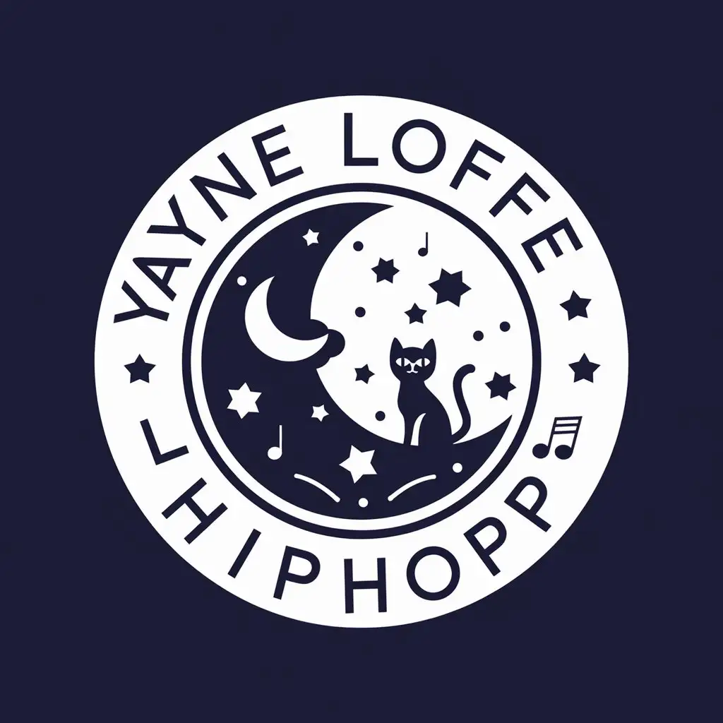 LOGO Design for Ayane Lofi Hip Hop Moon Cat Stars and Musical Notes with Navy Blue White Monochrome Theme