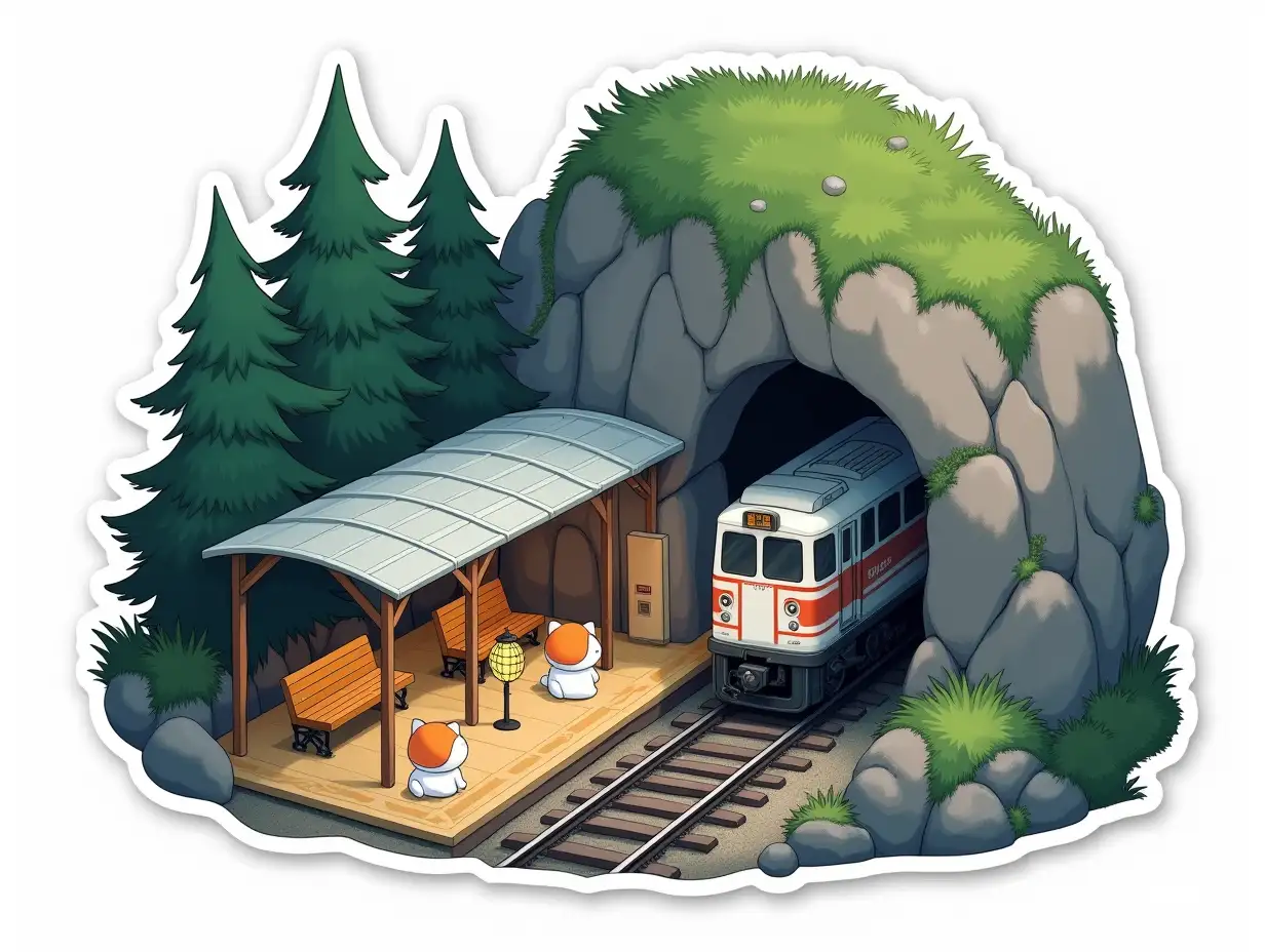 A curved cut-out laminated sticker depicting a railway platform with benches, lanterns and small white cats in orange helmets. There is a rock with fir trees around the covered platform, the rails from the train are directed into a cave in the rock, a sheet of galvanized corrugated metal is attached above the cave entrance. General view from above of the train on the rails near the entrance to the cave. cut sticker design, high resolution, white background, paint in anime style