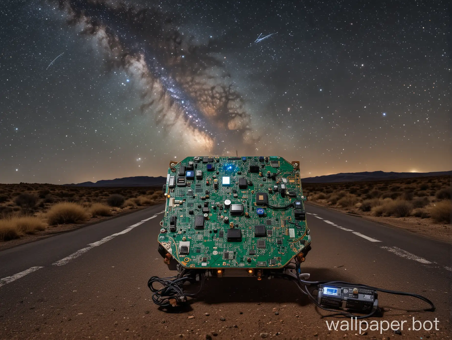 circuit board connected to battery which powers the EV bikein the dark sky with milkyway galaxy clearly visible