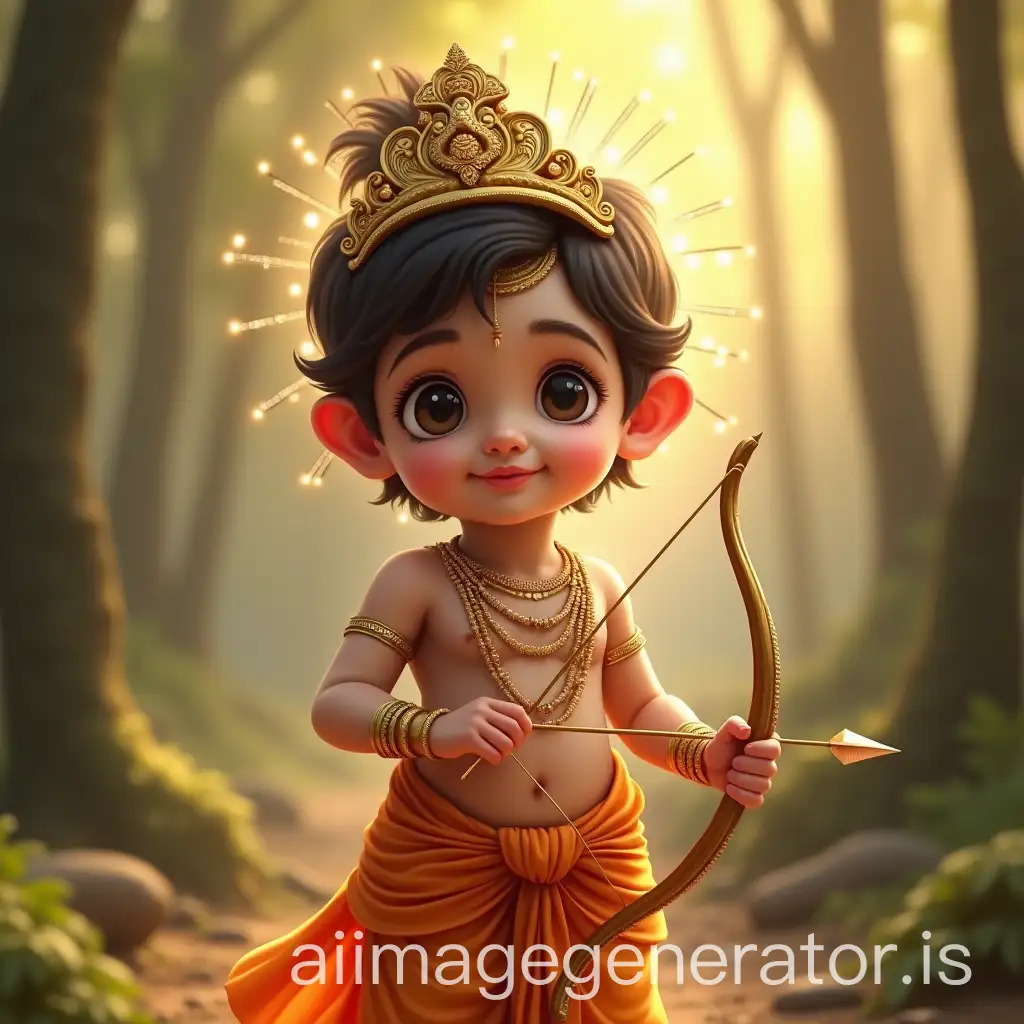 Create a hyper-realistic and detailed image of a young Lord Ram depicted as a divine child with soft features, large expressive eyes, and a gentle smile. He is holding a small golden bow and arrow, with sparkling lights along the string. Lord Ram is adorned in an orange dhoti with delicate jewelry, and a golden crown with intricate designs, including a radiant halo behind his head. The background is a serene forest scene with soft sunlight filtering through trees, creating a warm and peaceful atmosphere. The overall feel should be ethereal, with gentle lighting and a slightly blurred background for depth.