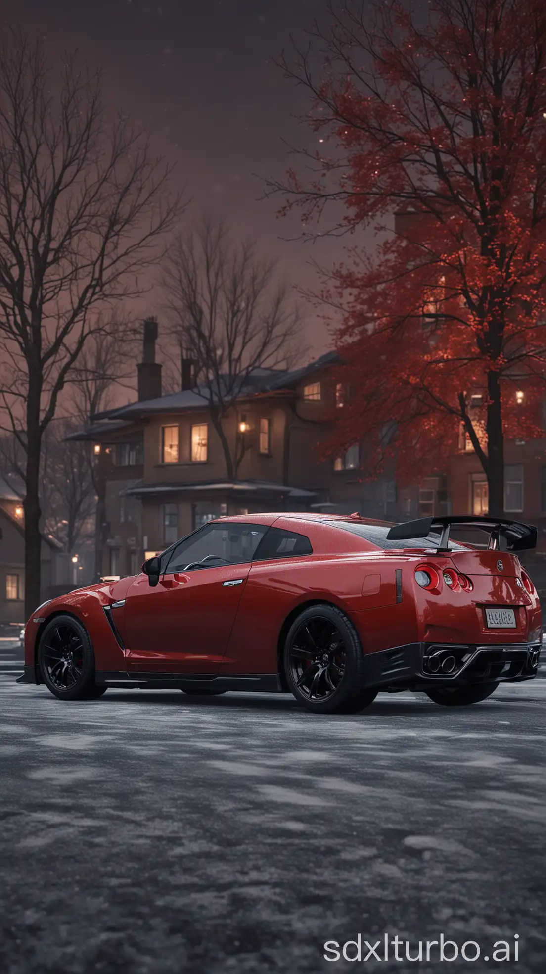 Red-Nissan-GTR-R35-Parked-in-Winter-Evening-Scene