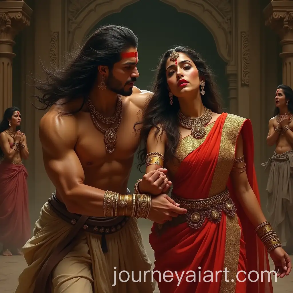 Fierce-Warrior-and-Regal-Woman-in-Grand-Palace-Inspired-by-Indian-Mythology