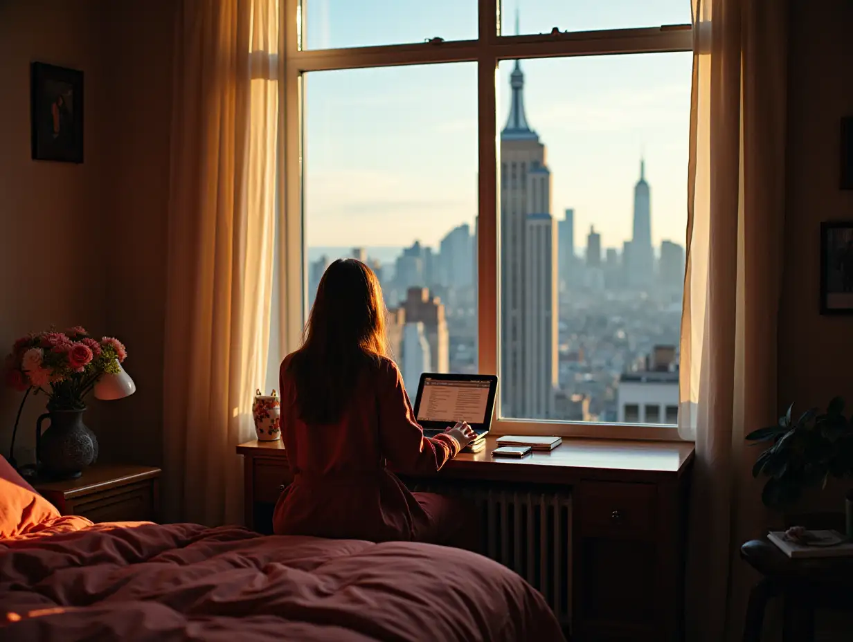 lisa in her room studying infront of newyork view