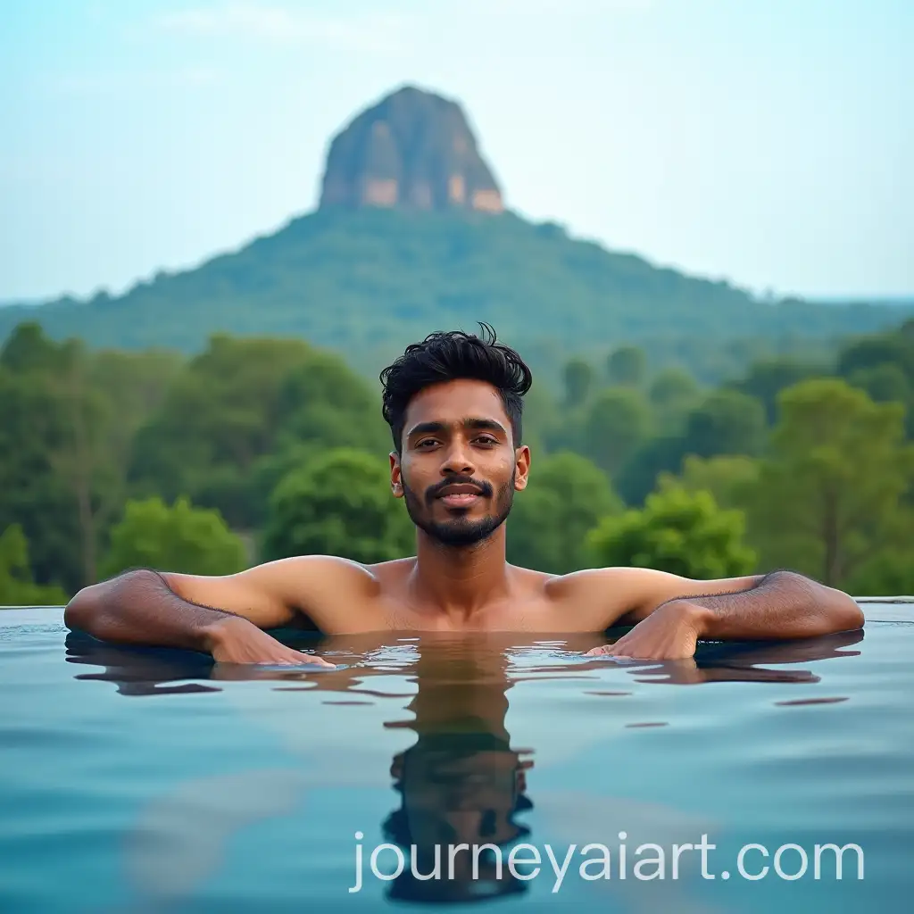 Young-Sri-Lankan-Man-Relaxing-in-Pool-with-Sigiriya-Rock-Fortress-in-Background