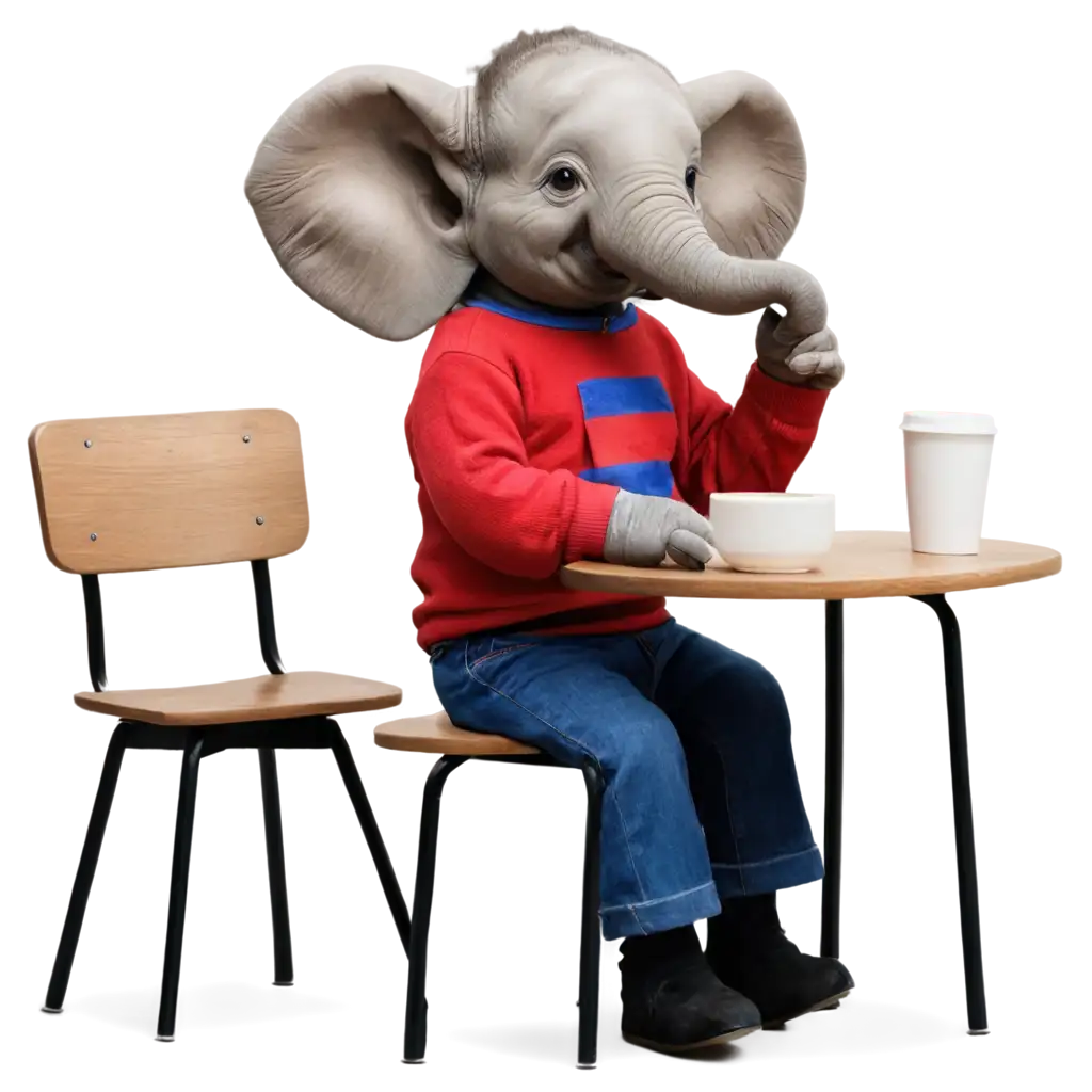 Adorable-Little-Elephant-Sitting-at-a-Table-in-Red-and-Blue-Shirt-Drinking-Coffee-PNG-Image-for-Clear-HighQuality-Use