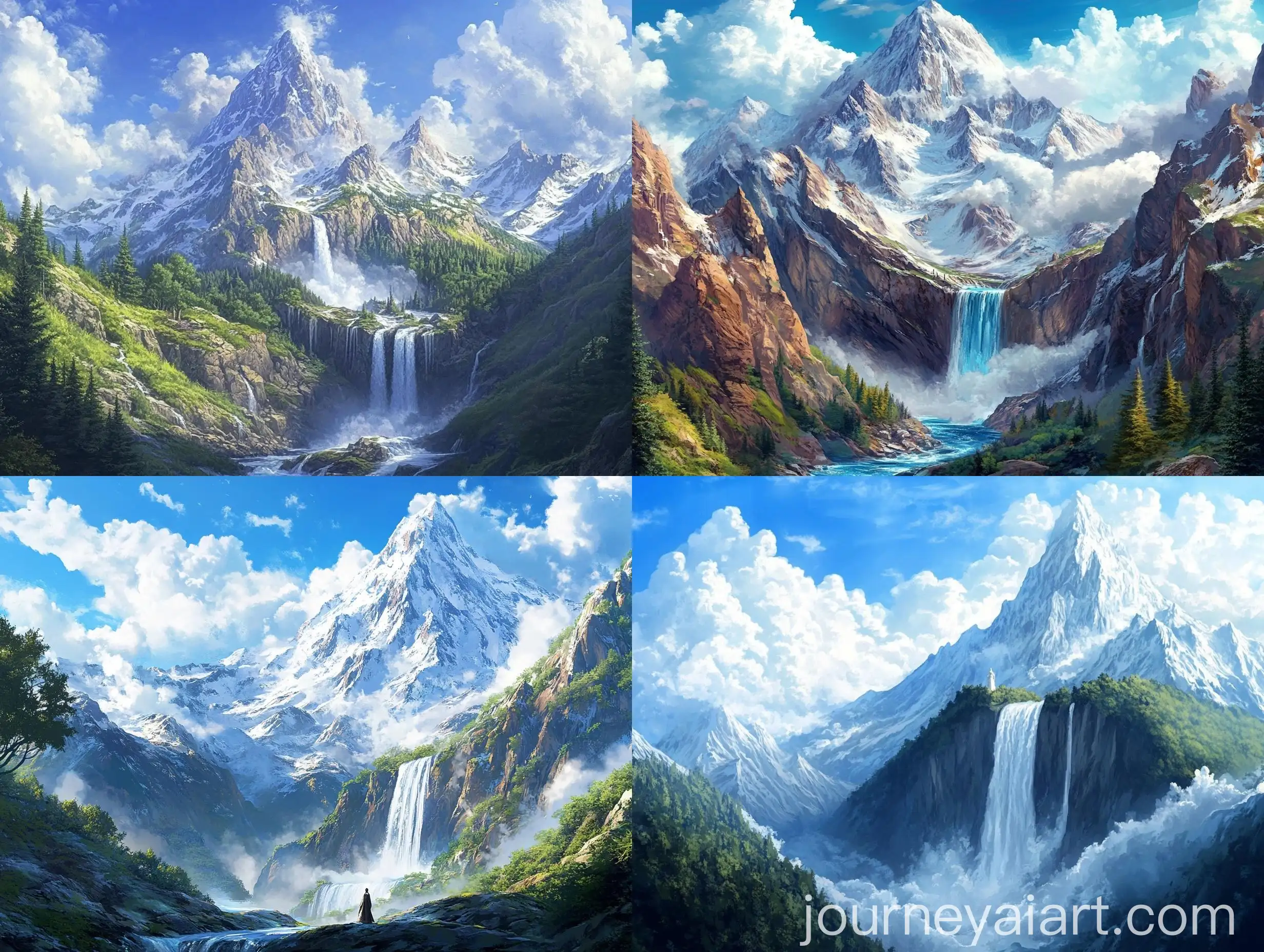 Mountain-Waterfall-with-Snowy-Peaks-and-Dense-Forest