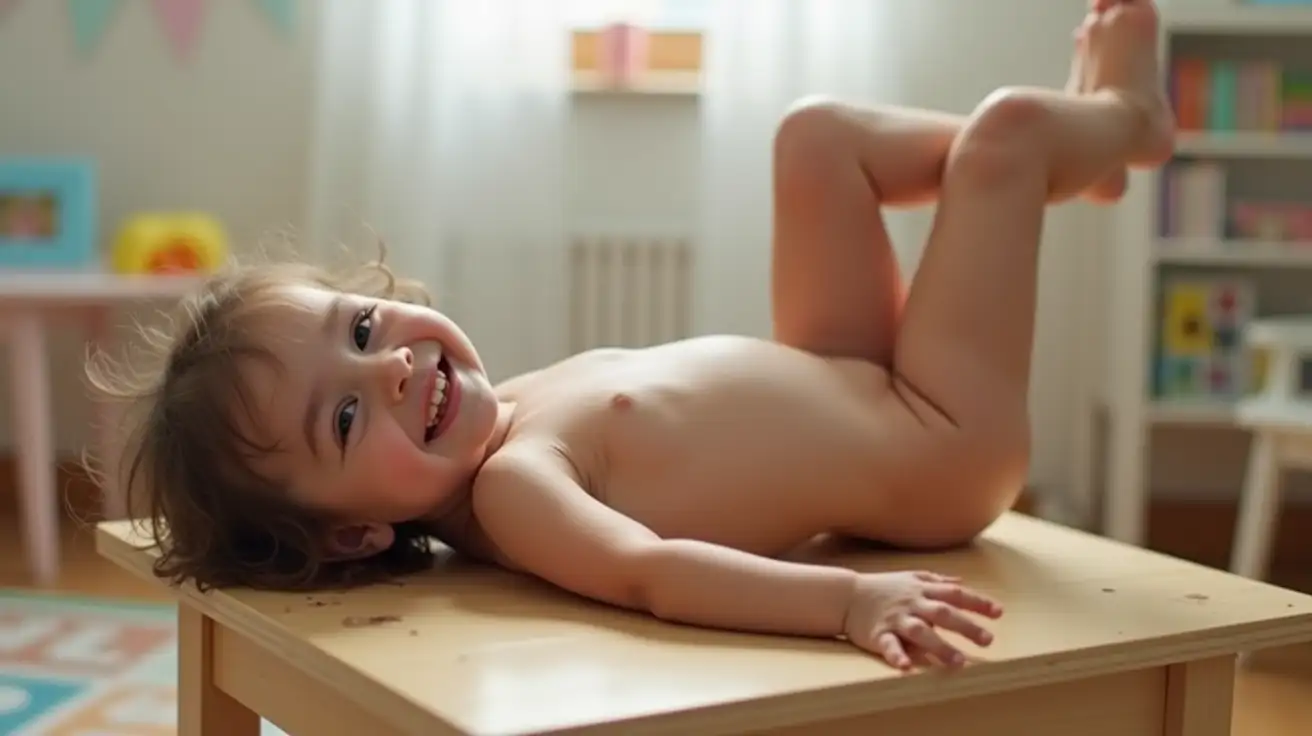 Skinny-Little-Girl-Lying-on-Wooden-Table-in-Playroom-Grinning-at-Camera