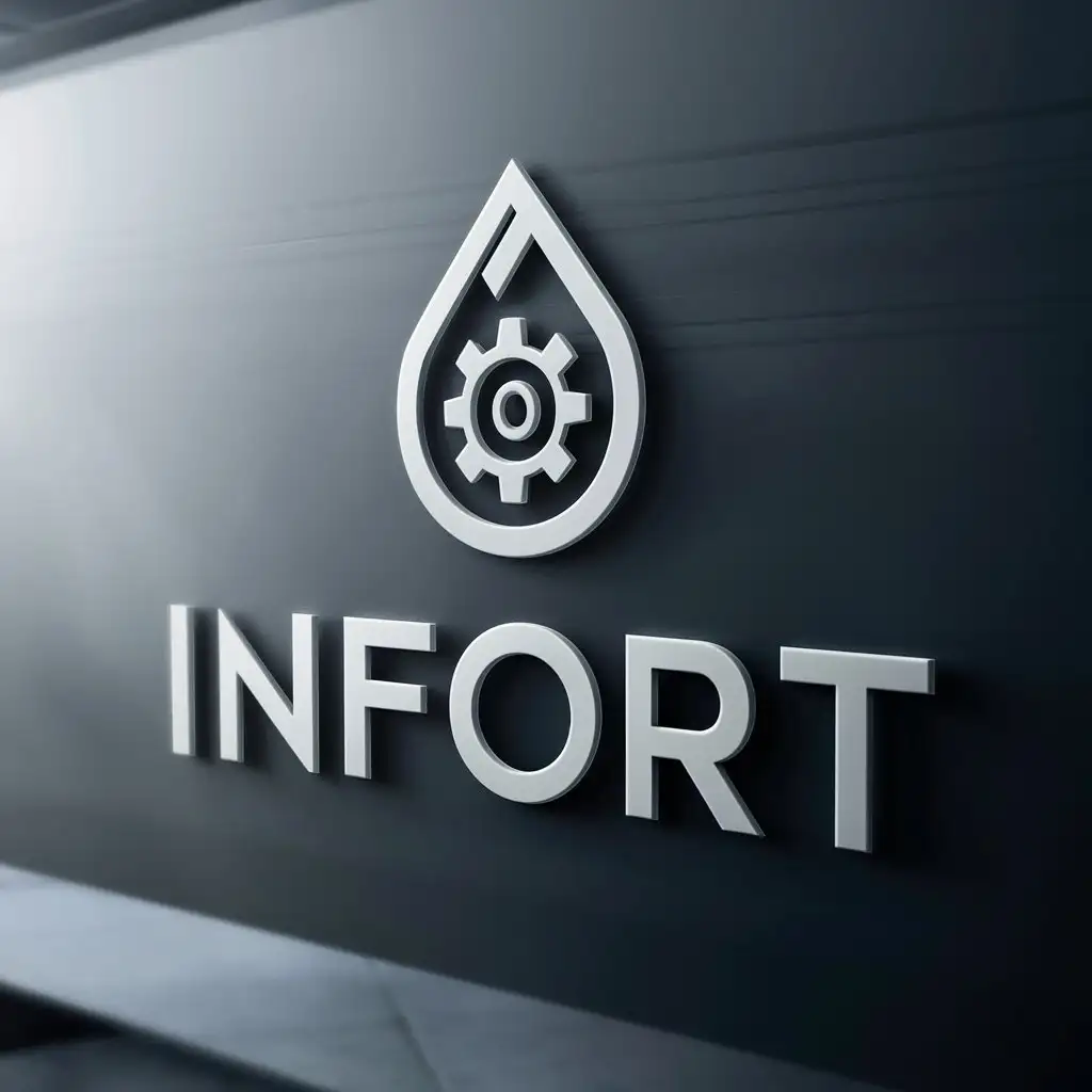 a logo design,with the text "INFORT", main symbol:Drop of water, gear,Moderate,be used in Technology industry,clear background