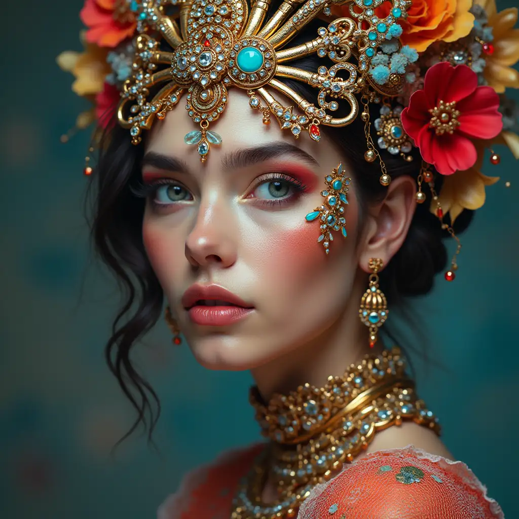 Hyperrealistic portrait of a beautifull woman wearin intricately detailed colourful and futuristic jewellery.