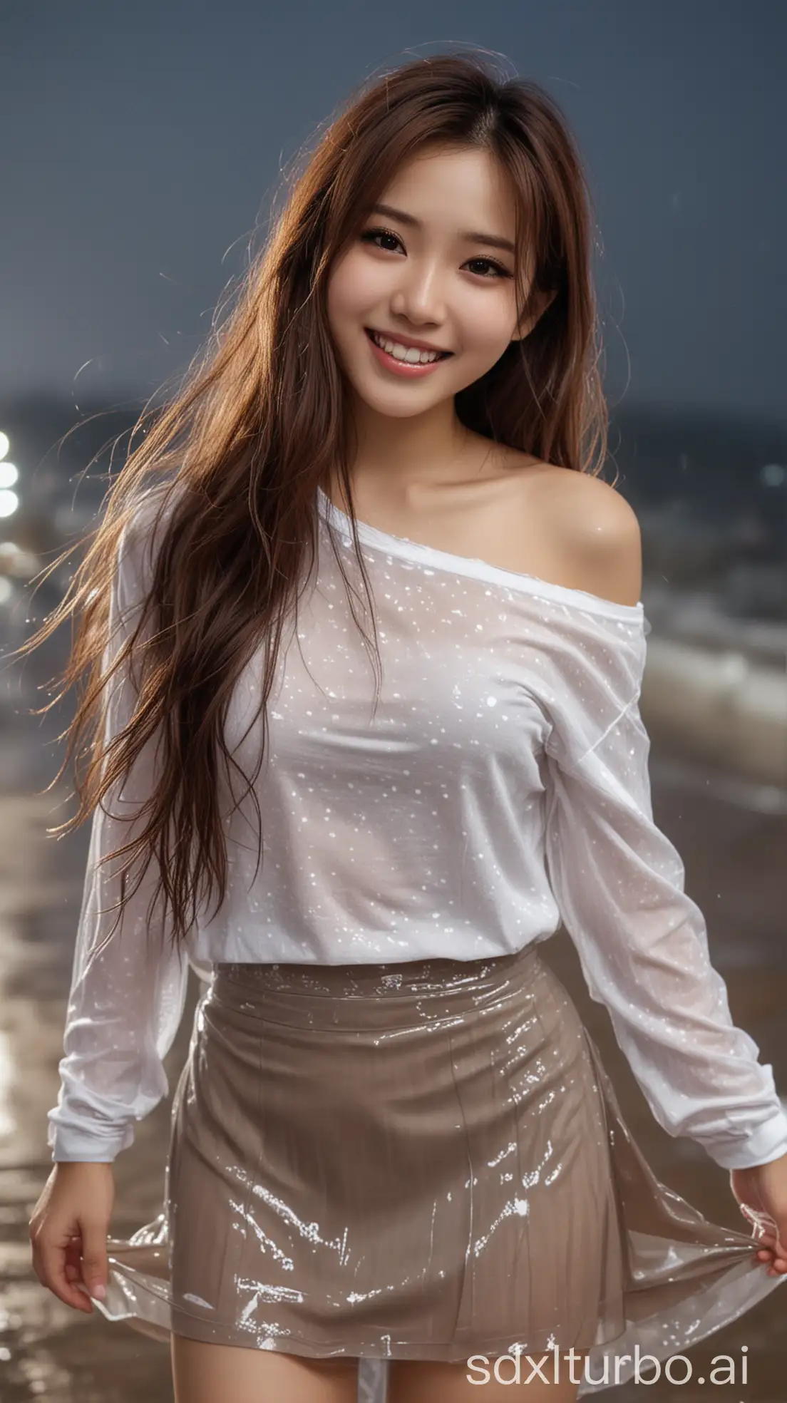 Chinese-Woman-in-Wet-White-TShirt-and-Long-Skirt-on-a-Rainy-Beach-Night