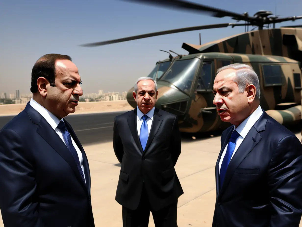 Two men, one Egyptian President Abdel Fattah el-Sisi and the other Israeli Prime Minister Benjamin Netanyahu, wearing dark business suits and patterned ties; serious expressions on their faces; the men are depicted as if in a news report; military helicopters are visible in the background, suggesting war or conflict; a domed building in the background, possibly a mosque; realistic depiction of military vehicles and conflict; strong, striking contrasting colors; highly detailed facial features and expressions; realistic, detailed rendering of clothing; dramatic lighting and composition that highlights the tension in the scene; serious, concerned atmosphere; graphic elements of conflict and war; dynamic composition; photorealistic style.