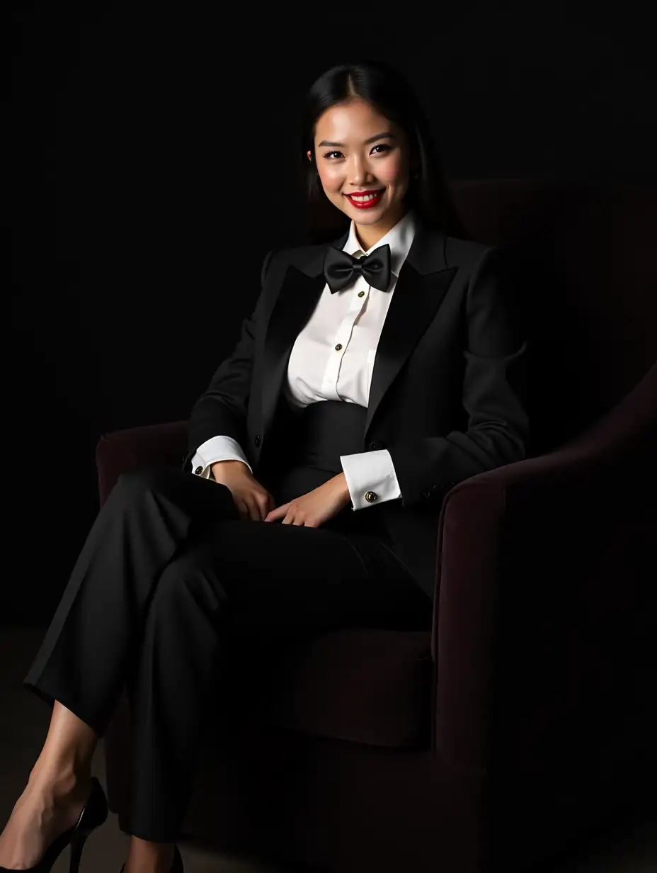 Confident-Chinese-Woman-in-Formal-Tuxedo-Smiling-in-Plush-Chair-at-Night