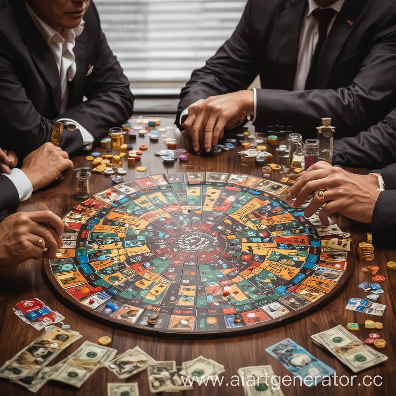 Businessmen-Playing-Robert-Kiyosaki-Money-Flow-Game-with-Money-Raining-Down