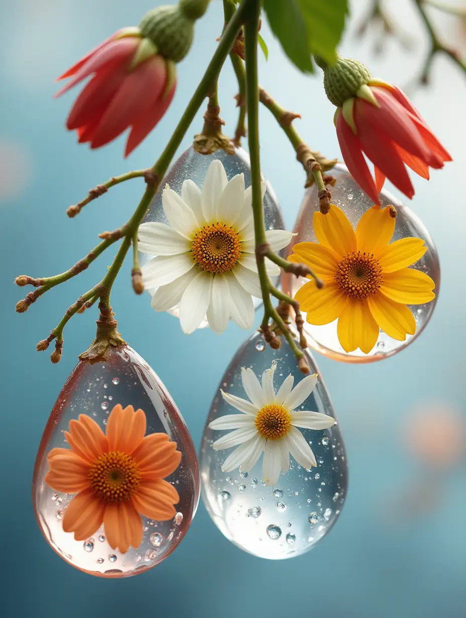 Tear drops with flowers of spring, summer, autumn, and winter