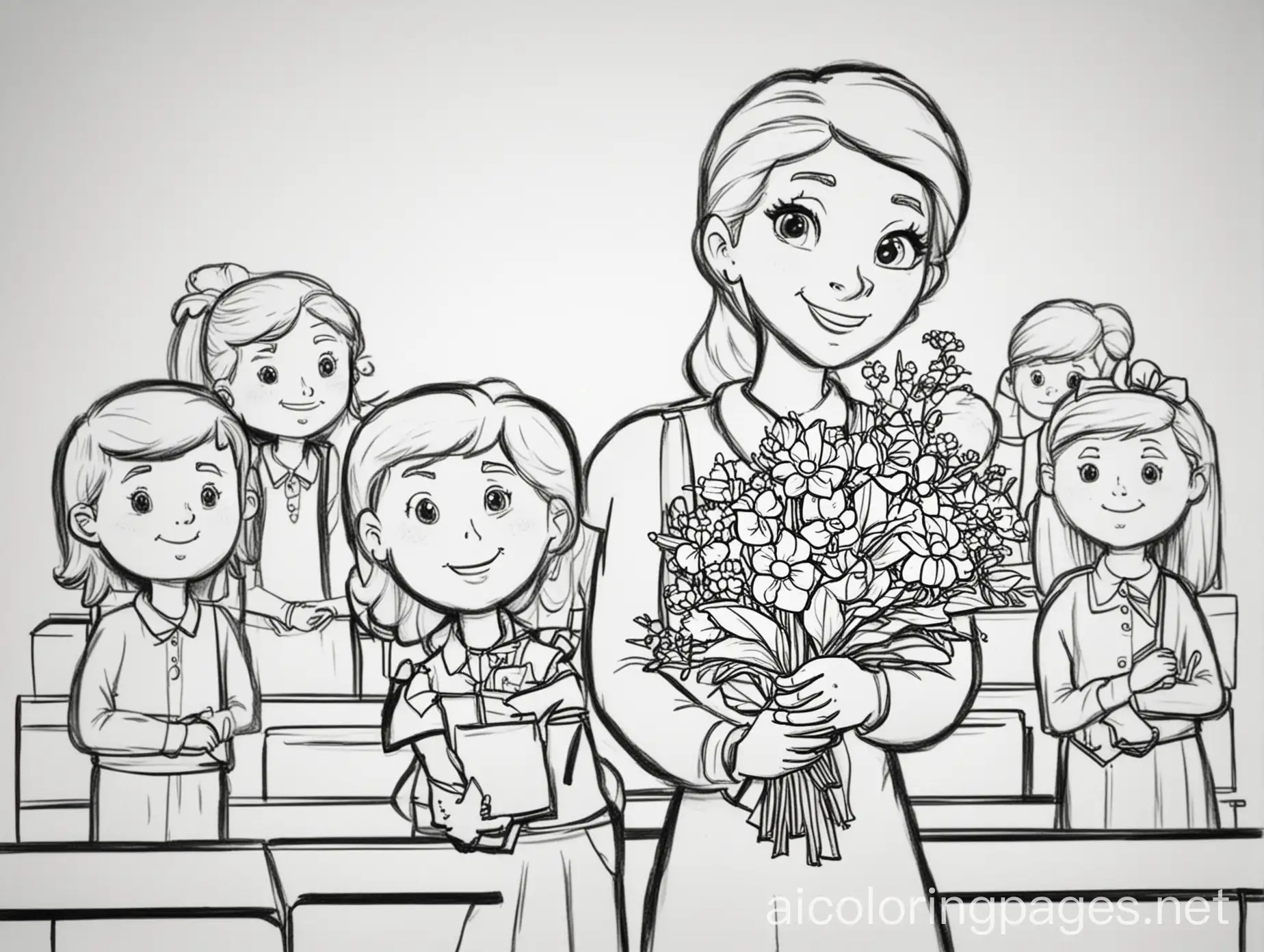 Cartoon-Teacher-with-Students-Holding-Flowers-Coloring-Page