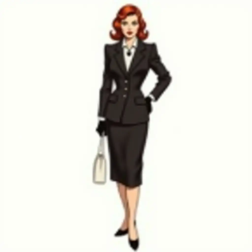 A stylish and confident woman rendered in the style of old noir comic books from the 1930s-1940s, with bold black outlines and muted colors, standing against a plain white background. She has wavy, neatly styled red hair and light-colored eyes that exude intelligence and subtle sarcasm. She is dressed in a tailored 1930s women’s business suit: a fitted jacket with wide shoulders and a matching skirt that reaches mid-calf, emphasizing her elegance and status. Her outfit is complemented by refined accessories like a brooch, gloves, and high-heeled shoes. Her posture is poised yet commanding, reflecting her sharp mind and confidence. The overall style captures the sophistication of the era while maintaining the dramatic, shadowed aesthetic of classic comic art