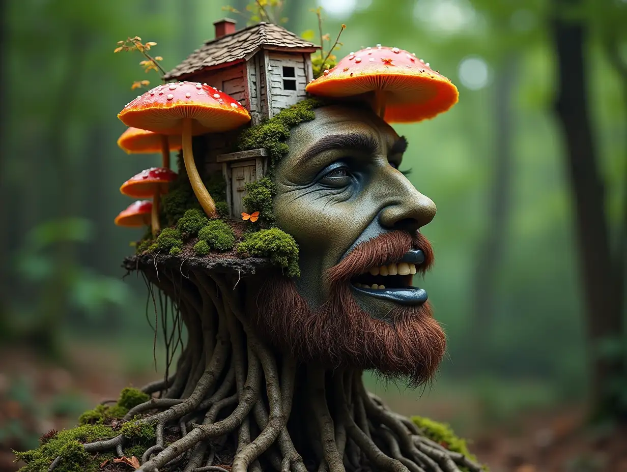 Face with colorful mushroom in mouth roots transformed into building in the forest