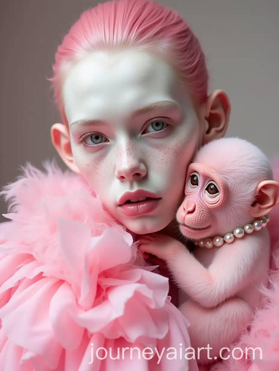 AvantGarde-Fashion-Model-with-Pink-Hair-and-Freckles-Surrounded-by-a-Pearled-Pink-Monkey