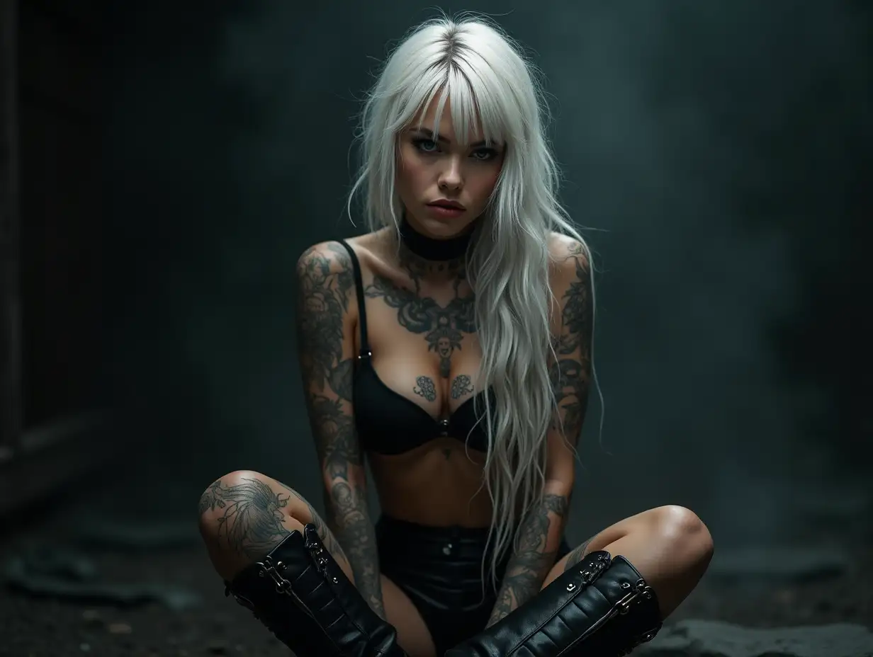 Depiction of a beautiful white woman with tattoos and long mixed white-black hair in a futuristic style and laced boots, Blurry black background (120mm) shot poster