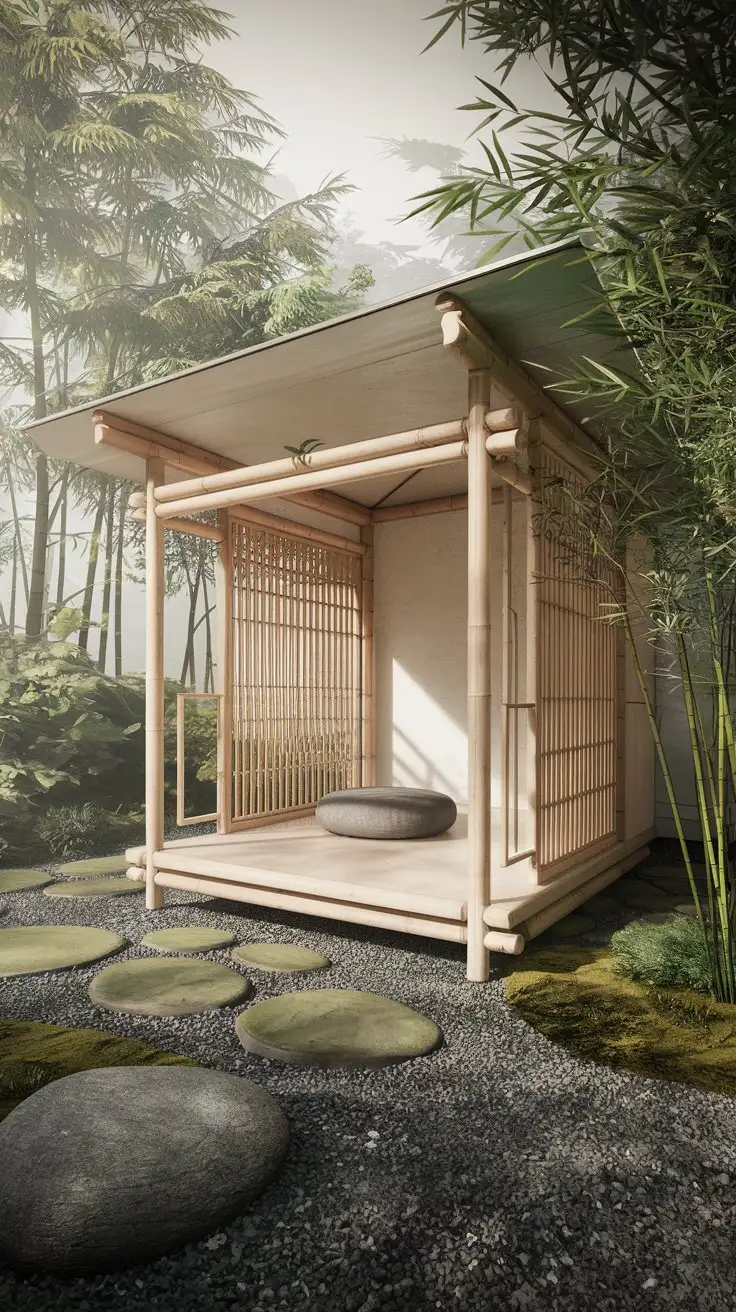 A serene and minimalist Zen Retreat Pavilion nestled in a lush garden.  The pavilion is crafted from natural bamboo and light wood, featuring clean, simple lines and a gently sloping roof. Inside, a single meditation cushion sits on a smooth stone floor. The surrounding landscape includes a meticulously raked gravel garden, moss-covered stones, and a small bamboo grove. Soft, diffused natural light filters through the bamboo, creating a tranquil and contemplative atmosphere. Photorealistic, zen garden design, architectural photography