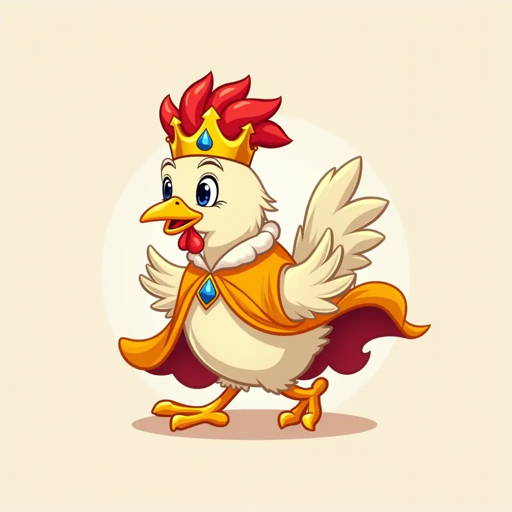 Design illustration of a cartoon chicken character wearing a golden crown and royal clothes, with a cheerful style, in a sidestepping pose