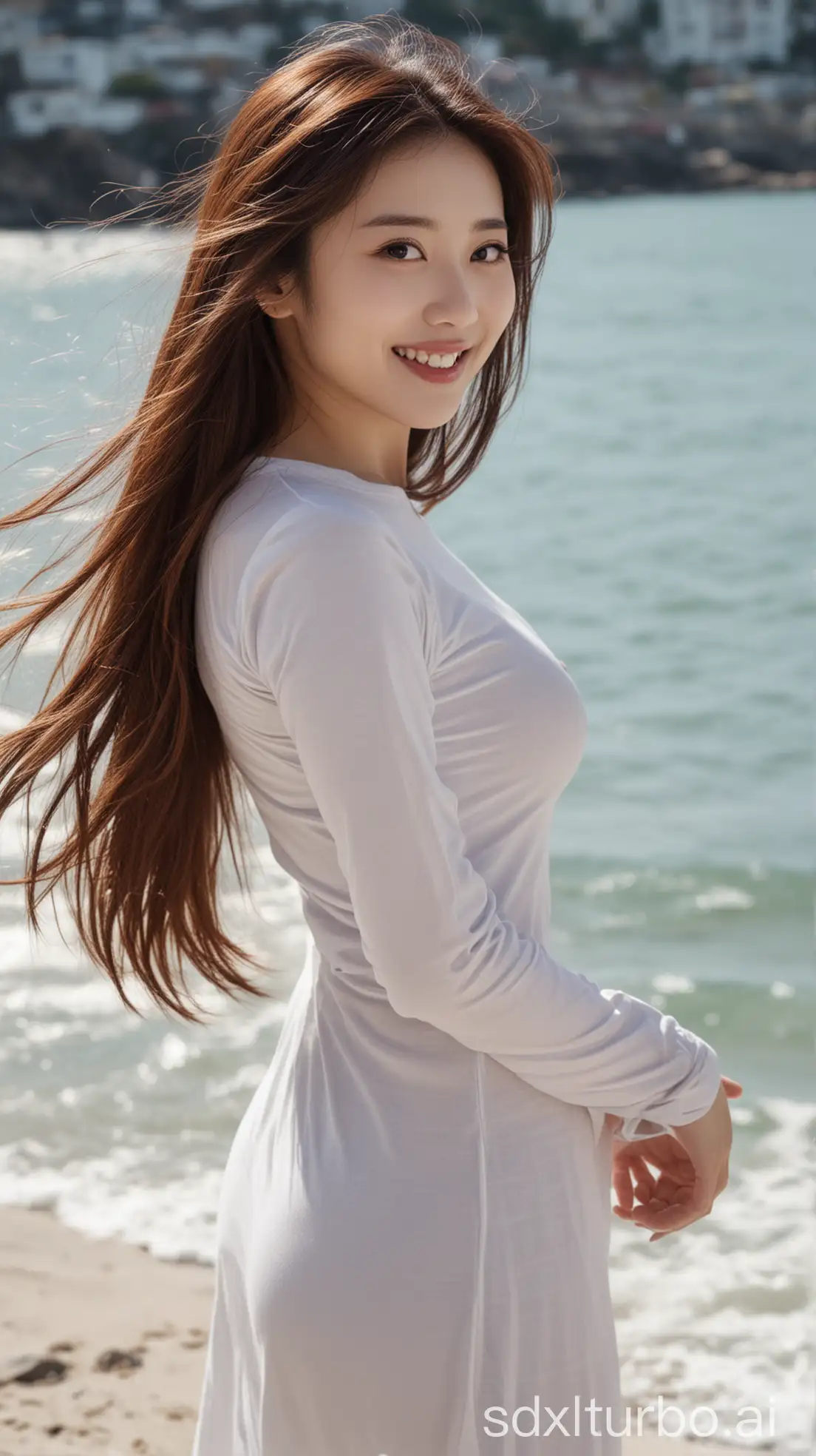 Chinese-Woman-in-Winter-Fashion-by-the-Sea-with-Sweet-Smile-and-Side-Profile