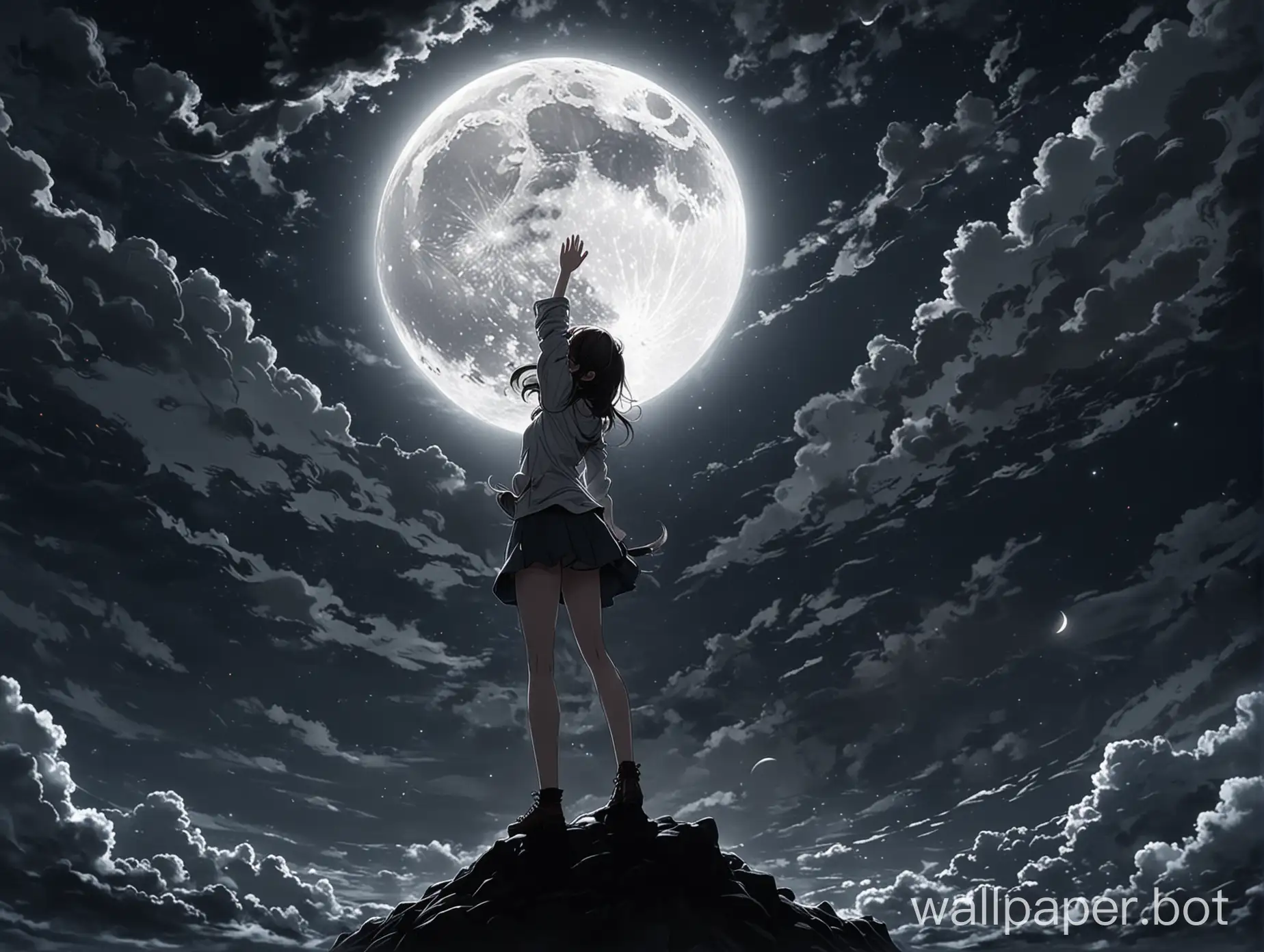 Anime girl stand side touch the moon by hand, dark, clouds, girl's hand is up