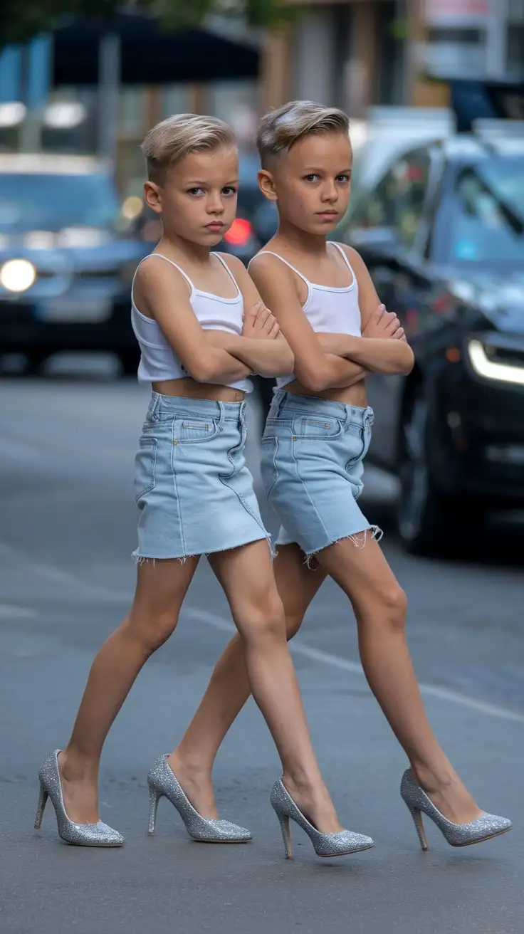 two little young boys wearing white spagetti top and light blue denim mini skirt and silver glitter high heels and walk in town and cross legs and long legs