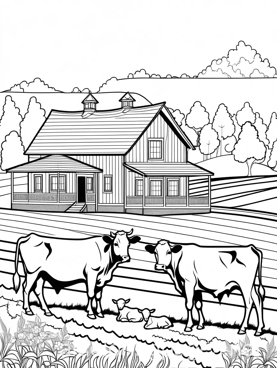 a big farmhouse and grazing cows , Coloring Page, black and white, line art, white background, Simplicity, Ample White Space. The background of the coloring page is plain white to make it easy for young children to color within the lines. The outlines of all the subjects are easy to distinguish, making it simple for kids to color without too much difficulty