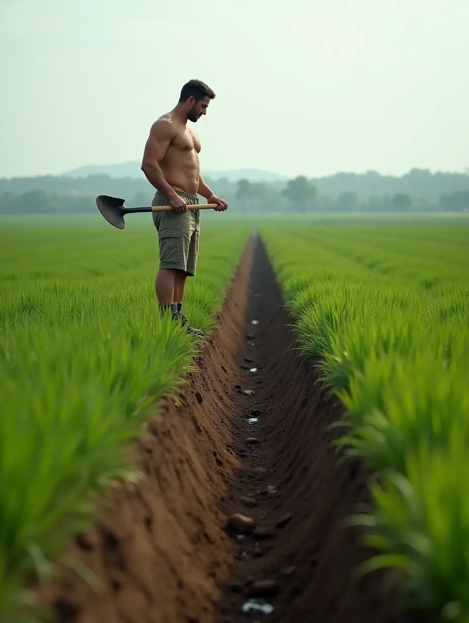 A vast green field, a guy with a pumped-up physique, in shorts and trekking boots, with a shovel in his hands, digs a limitless trench stretching from the horizon. Foreshortening, man and trench - side view