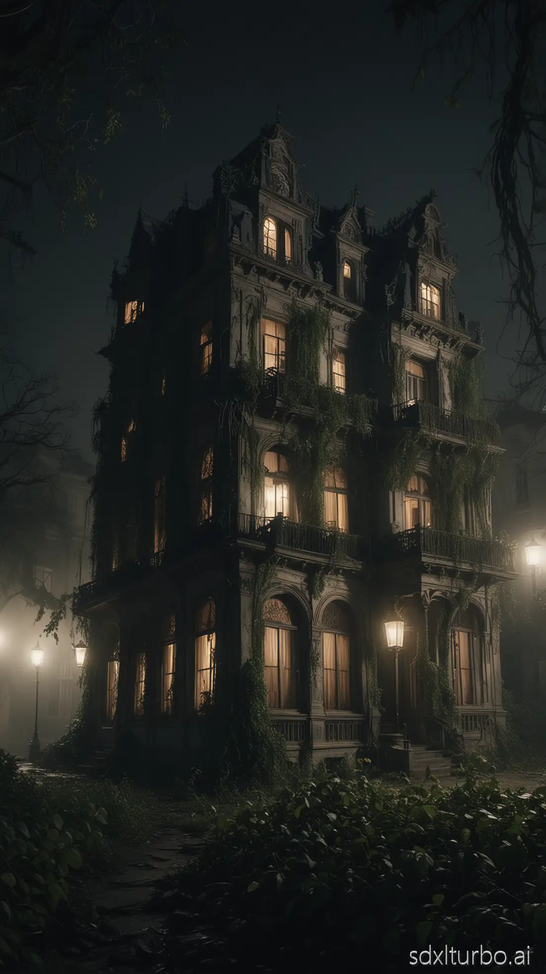 wide shot of a haunted Gothic hotel at night, decaying grandeur, broken windows, overgrown vines, eerie moonlight, thick fog, cinematic lighting, hyperrealistic, 4k, horror atmosphere, shot on ARRI Alexa, --ar 16:9 --style raw