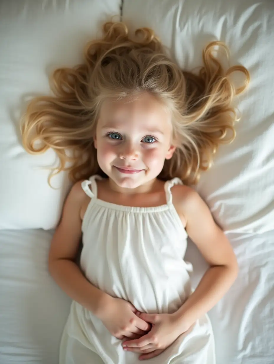 Cherubic-FiveYearOld-in-White-Sundress-Relaxing-on-Bed