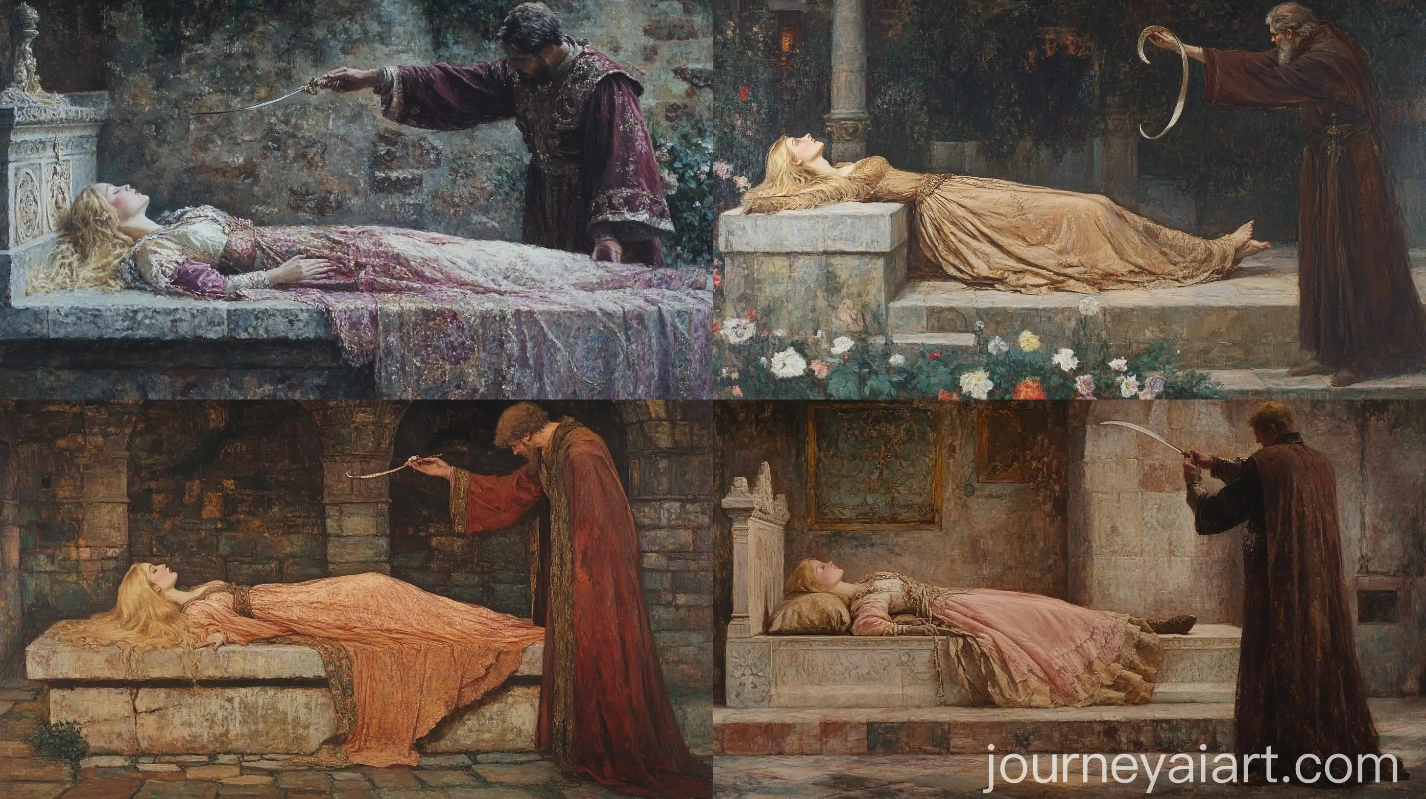 Mystical-Ritual-Charming-Blonde-Girl-on-Stone-Altar-and-Robed-Man-with-Curved-Dagger