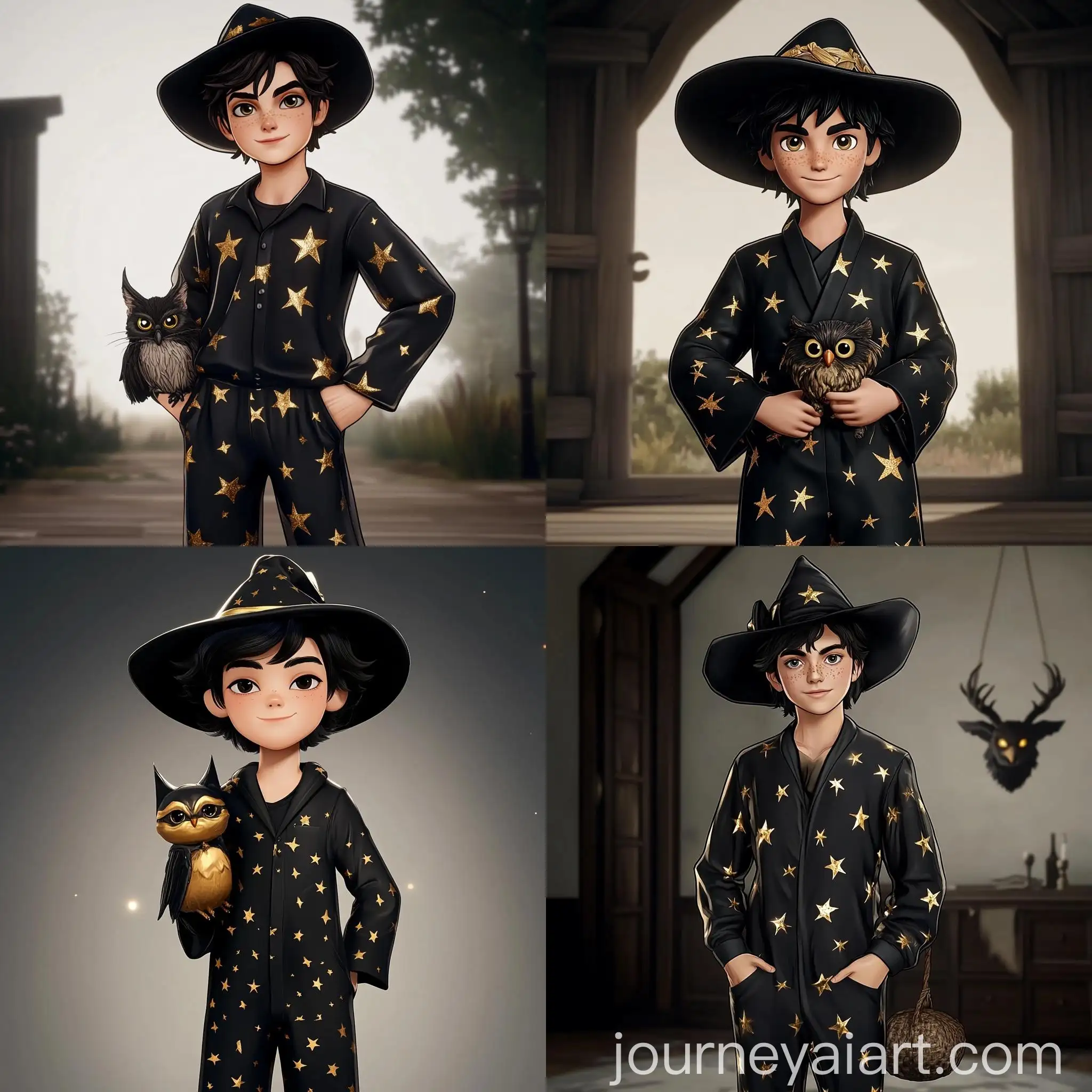 Character-in-Black-Silk-Pajamas-with-Gold-Stars-and-Floppy-Hat
