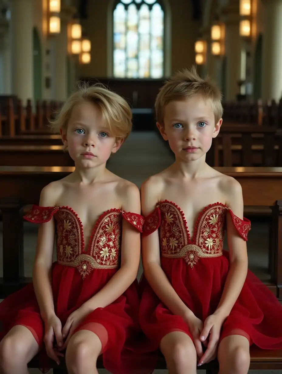 Two-Girls-in-Red-and-Gold-Minidresses-Sitting-in-an-Empty-Church