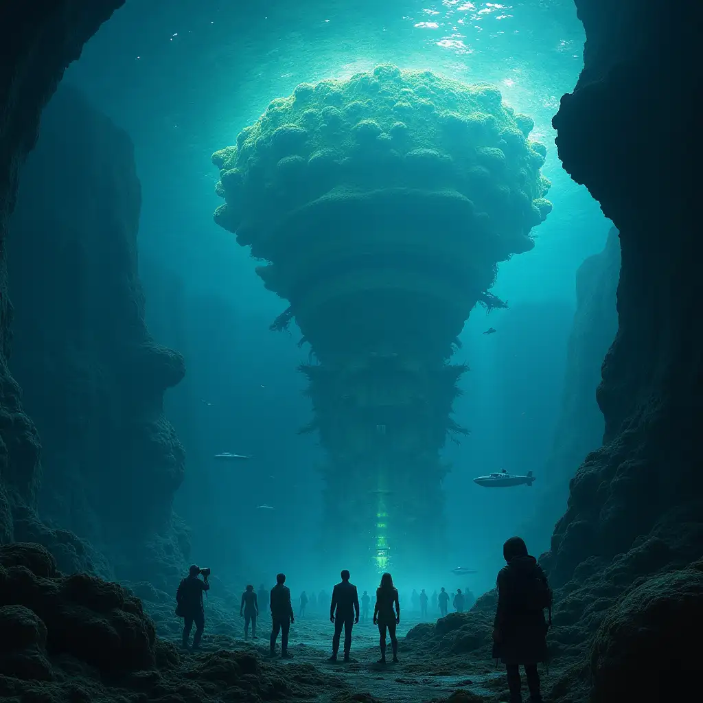 A hyper-realistic image of a gigantic alien base hidden in the depths of the ocean. The bioluminescent, advanced structure looks like a combination of living coral and futuristic technology. Military submarines and human scientists watch in awe as humanoid aliens emerge from the base, interacting with the marine environment.