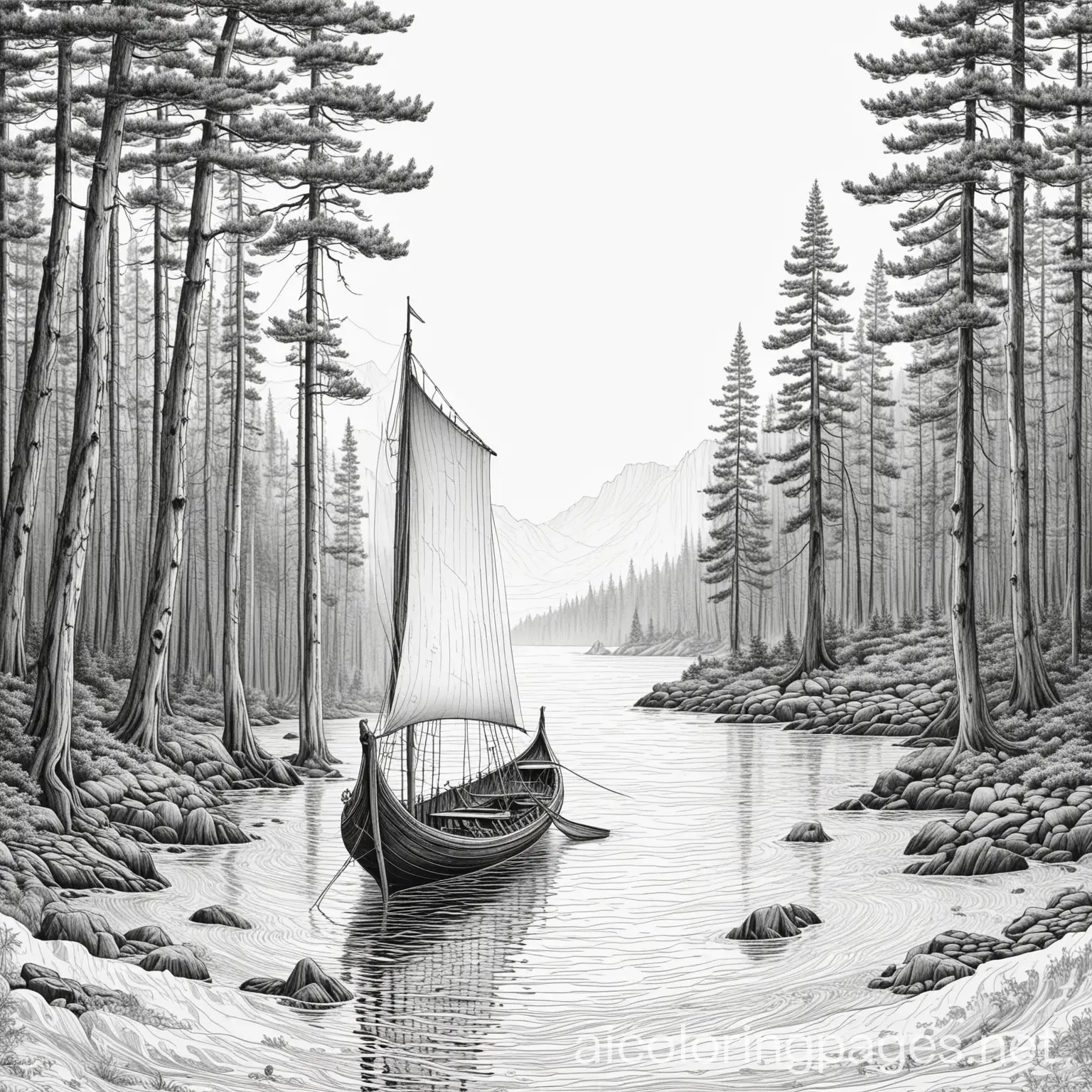 ONE DIMENSIONAL HOLLOW viking long boat in the ocean, land in the distance, tall pine trees, Coloring Page, black and white, line art, white background, Simplicity, Ample White Space