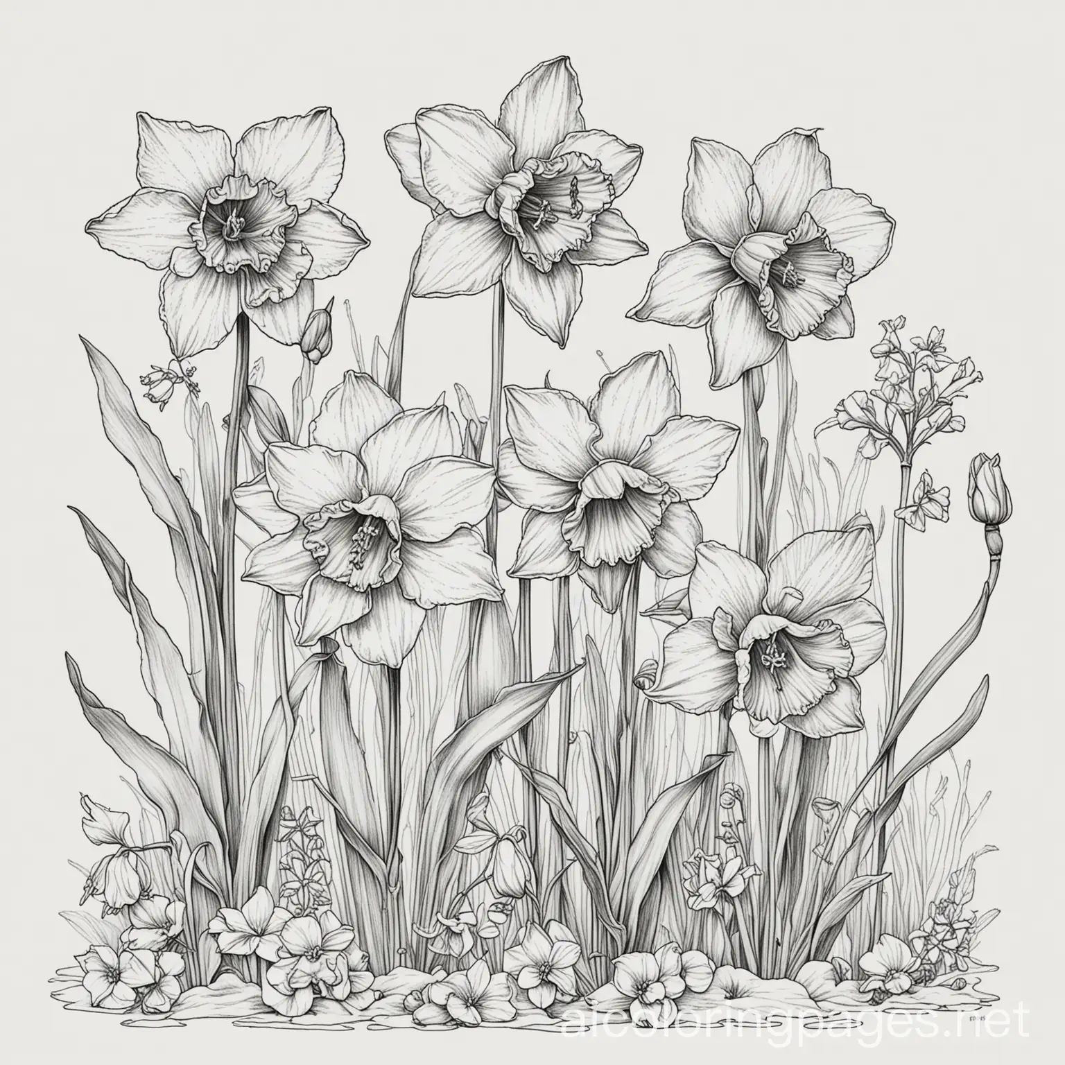 a botanical image of daffodils, clover and sweetpea, Coloring Page, black and white, line art, white background, Simplicity, Ample White Space. The background of the coloring page is plain white to make it easy for young children to color within the lines. The outlines of all the subjects are easy to distinguish, making it simple for kids to color without too much difficulty