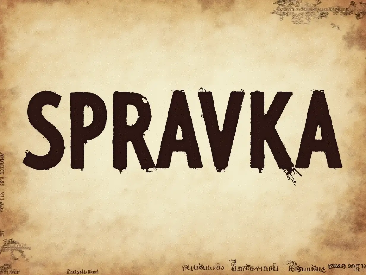 Text with big rounded bold letters saying SPRAVKA occupying the most part of the image, against the weathered, old, worn out background of old paper with old calligraphy.