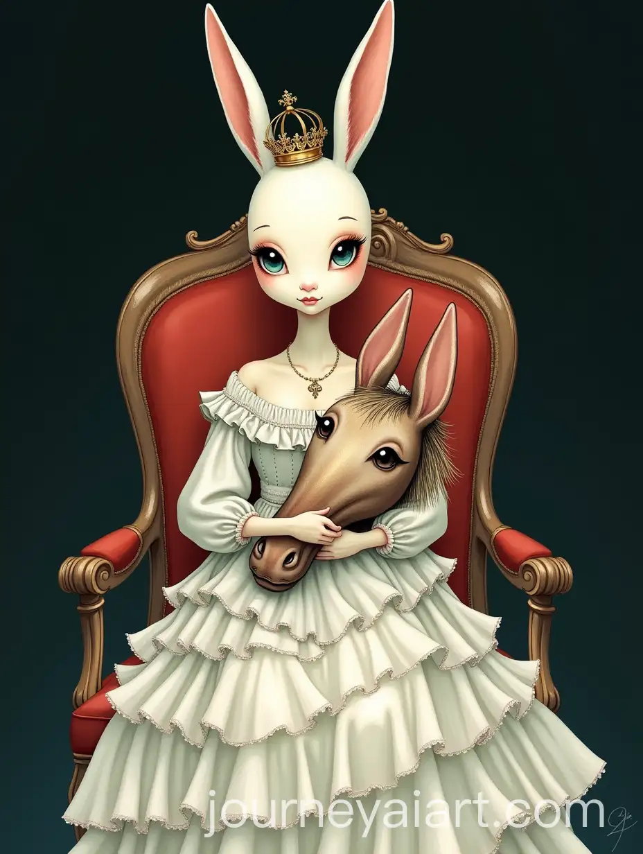 Whimsical-Rabbitheaded-Figure-in-Elegant-White-Dress-with-Crown