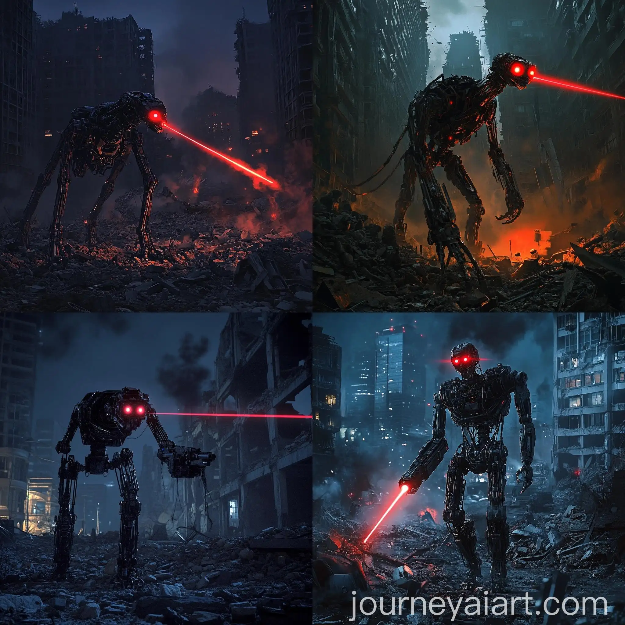 Robot-Emu-Terminator-Walking-Through-Destroyed-City-at-Night