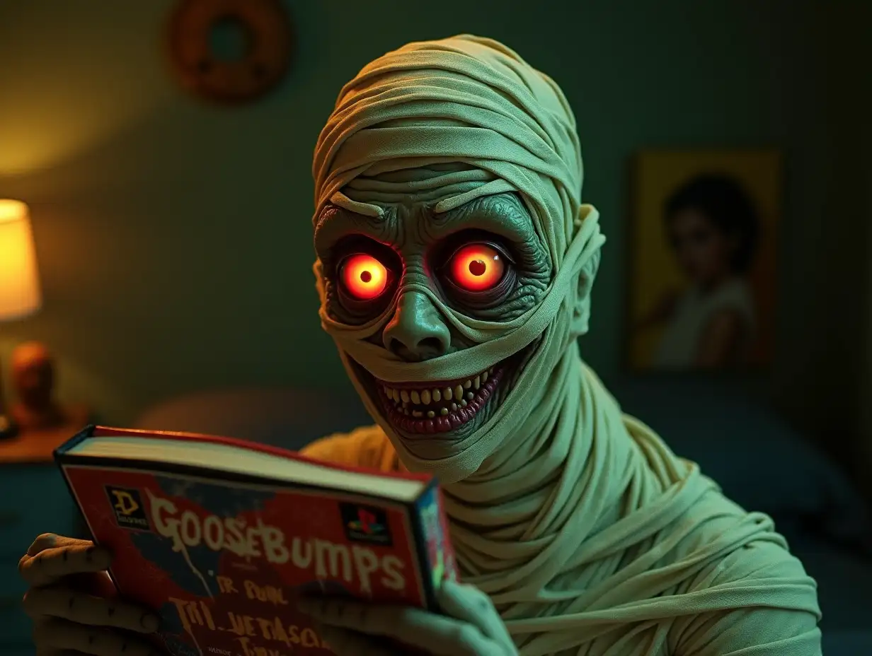 The background is a gradient of dark green to yellow, creating a sinister atmosphere. In a bedroom full of artifacts  Main Image: The central figure is a terrifyingly realistic mummy in bandages with red glowing eyes holding a small ps1 disc box with exaggerated features: Face: The mummy has an eerie smile with bright redwide eyes with a manic expression, and pronounced eyebrows. The eyes are particularly unsettling, contributing to the horror theme. Attire: it is wrapped in bandages and tall Lighting: The face is illuminated from below, casting shadows that accentuate its creepy features.  A book Cover titled 'Goosebumps' in an early 1990's scary gooey red font