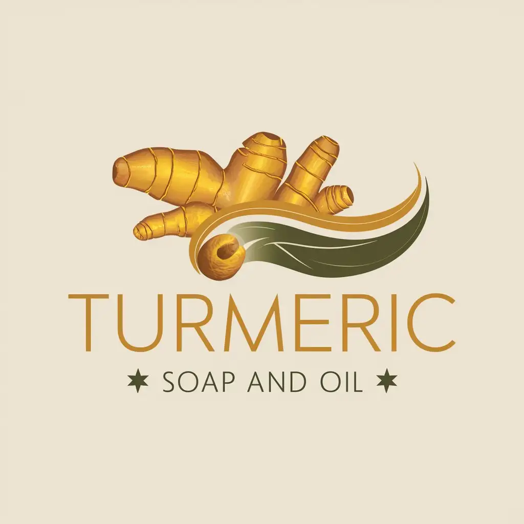 a vector logo design,with the text "Turmeric "Soap and oil "", main symbol:Create a logo for a skincare business that specializes in turmeric-based products. Use rich golden yellow and earthy green to reflect turmeric's vibrant and natural qualities. Incorporate a stylized turmeric root as the main graphic element, and add a flowing shape like a wave or leaf to represent the soothing and nourishing properties of the products. Feature "Turmeric" prominently in a sleek, modern font, with "Soap & Oil" elegantly positioned beneath in a complementary font. The logo should convey natural beauty, wellness, and rejuvenation, with a balanced design and possibly a subtle glow or shimmer to evoke radiance and luxury.,Moderate,clear background