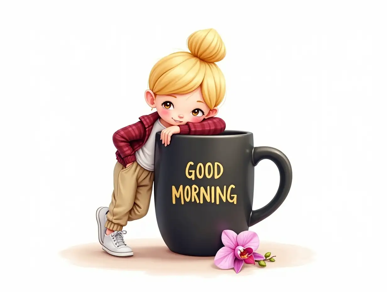 A 3D watercolor cartoon of a blonde girl with her hair in a bun, leaning on a large black coffee mug with 'GOOD MORNING' in gold. She's wearing a white top, red plaid shirt, beige joggers, white sneakers, and there's an orchid flower in front of the mug. The background is plain white.