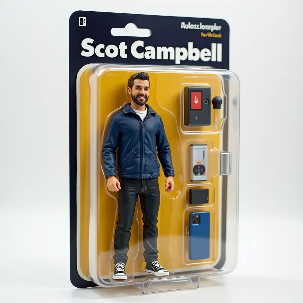 Use this photo of me to create an action figure of myself in a blister pack, in the style like a premium collectible toy. The figure should be standing up and have a relaxed, friendly smile. The blister pack should have a header with the text ‘[Scot Campbell]’ in large letters. Include accessories in compartments to the side of the figure: [Energy flash,electronic cigarette X ros,iPhone 15 blue]