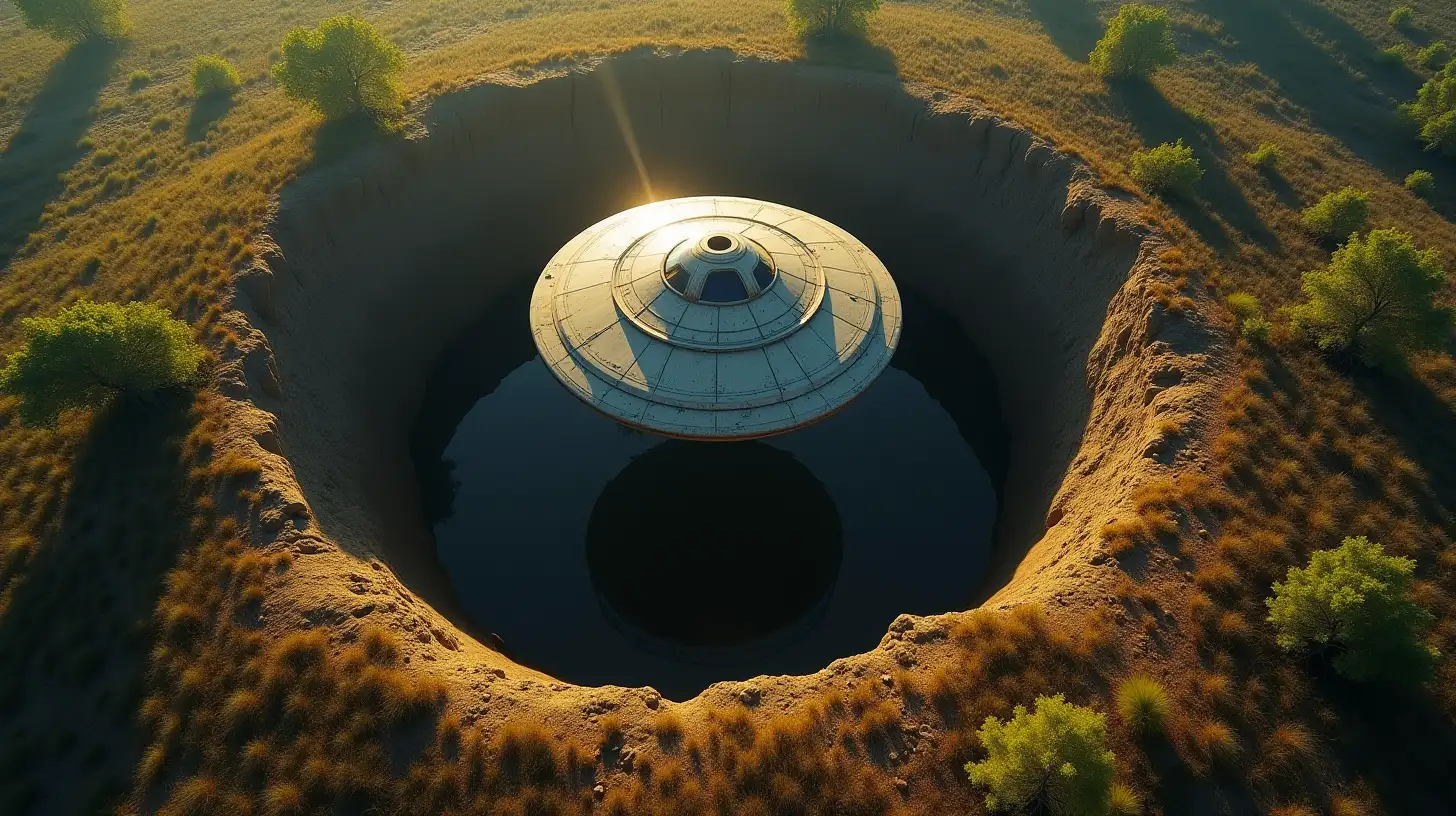 Birds Eye View of a Flying Saucer Emerging from a Wilderness Crater