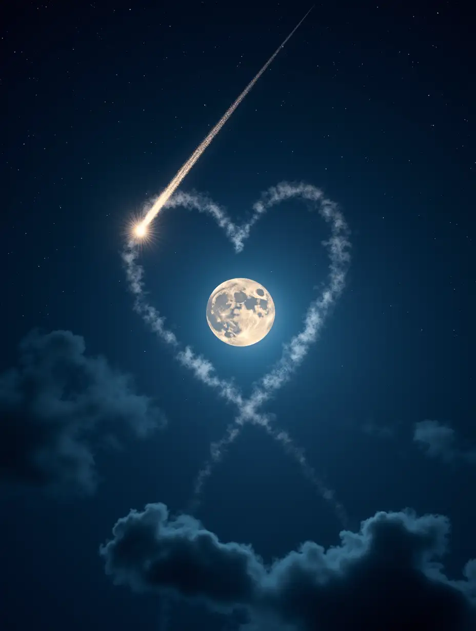 a heart-shaped moon sails through the starry night sky. a comet passes in the distance behind the moon