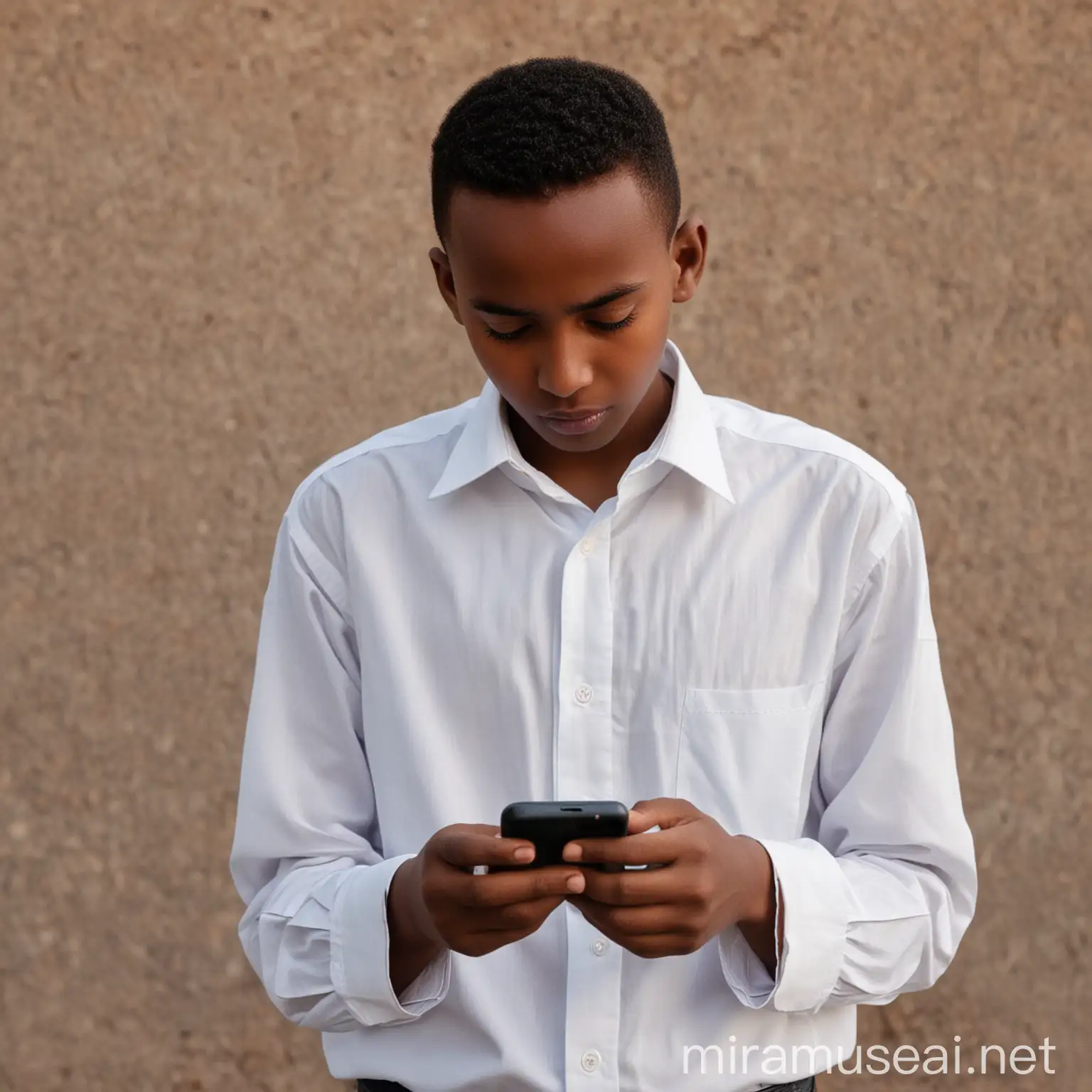 Somali Young Student in White Shirt Engrossed in iPhone