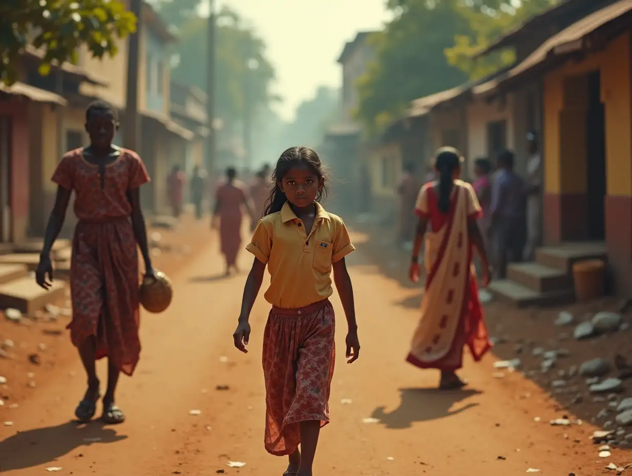 A young South Indian schoolgirl in uniform walking through a lively village street, watching an old Dalit man carrying a packet of food by a string, symbolizing untouchability. The background shows caste division—one side vibrant with joy and people, the other side dull and isolated. The girl's face is filled with curiosity and shock. Use cinematic lighting, bold contrast, deep shadows, and warm tones. Add emotional depth to the eyes. Style: realistic, emotional, thought-provoking.