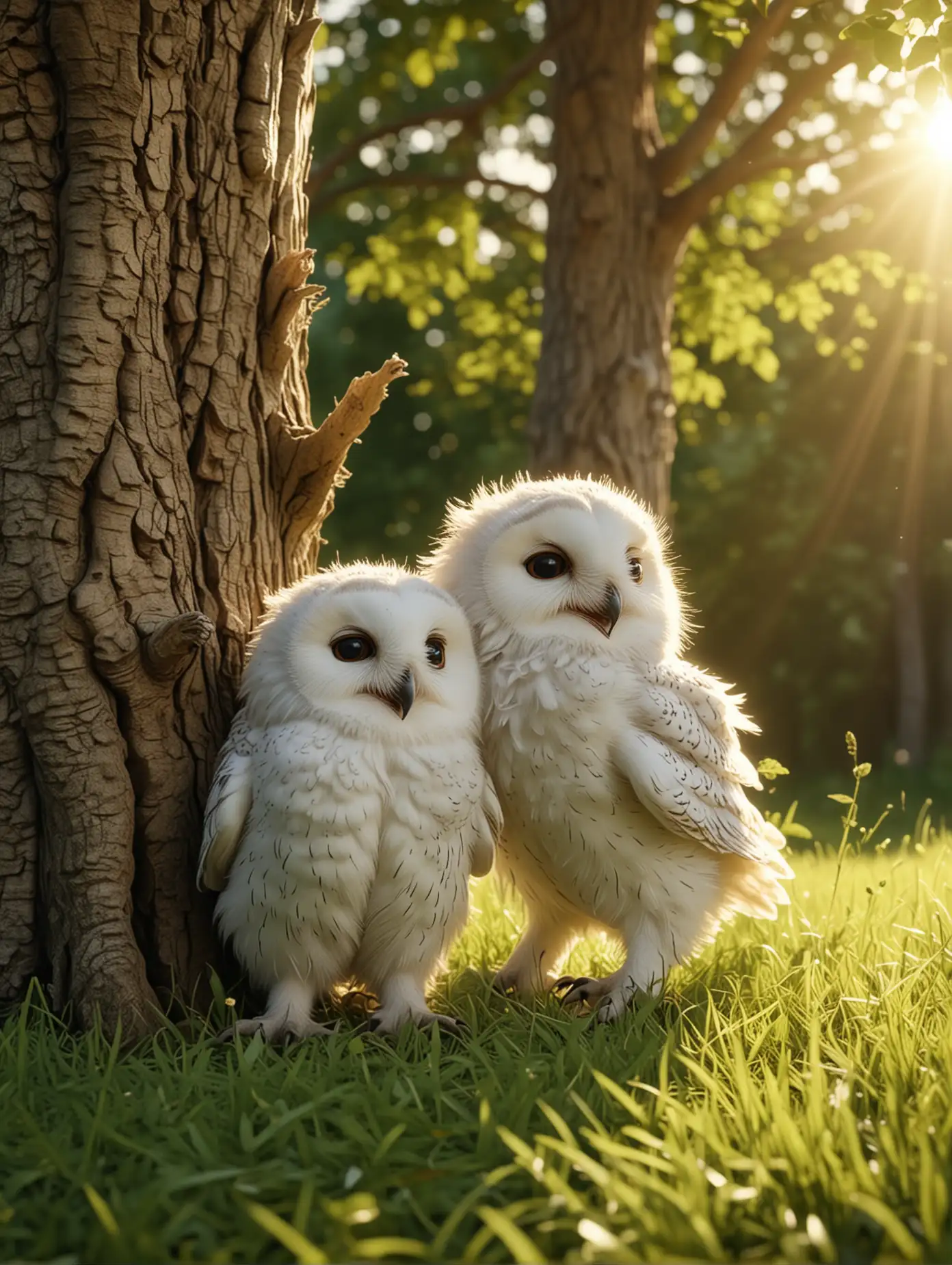 Two-Cute-White-Owl-Chicks-Playing-in-Morning-Sunrise-on-Green-Grass